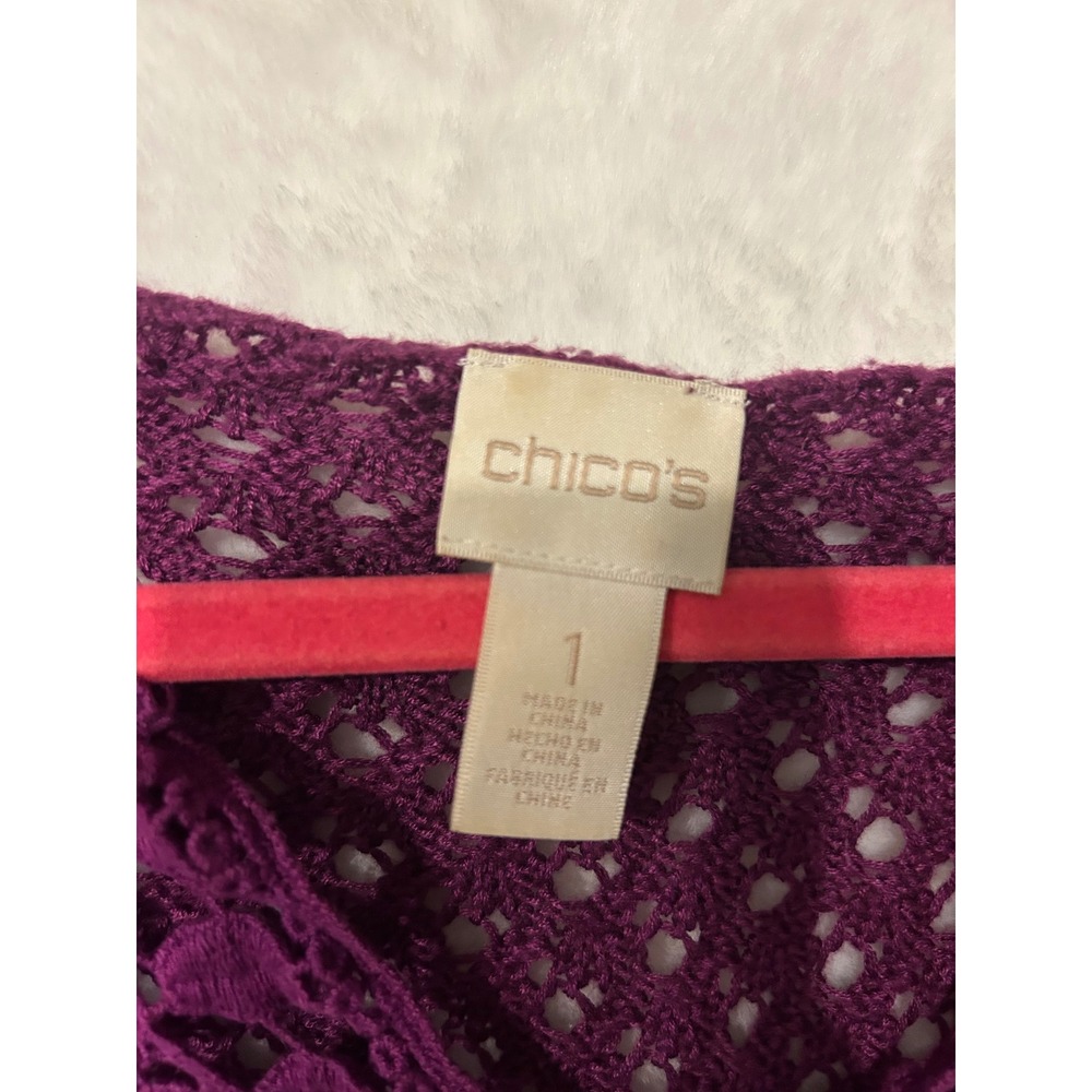 Chicos Crochet Sweater Womens 1 M Purple Open Knit V-Neck 3/4 Sleeve Pullover - Picture 3 of 4